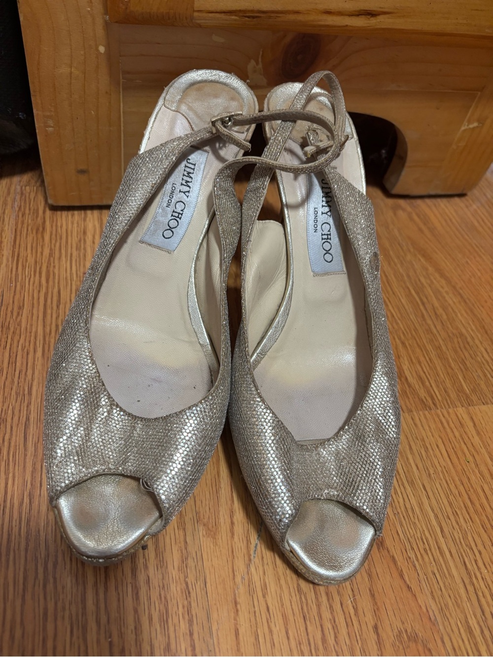 Jimmy Choo Gold Metallic Peep-Toe Ankle Tie Heels